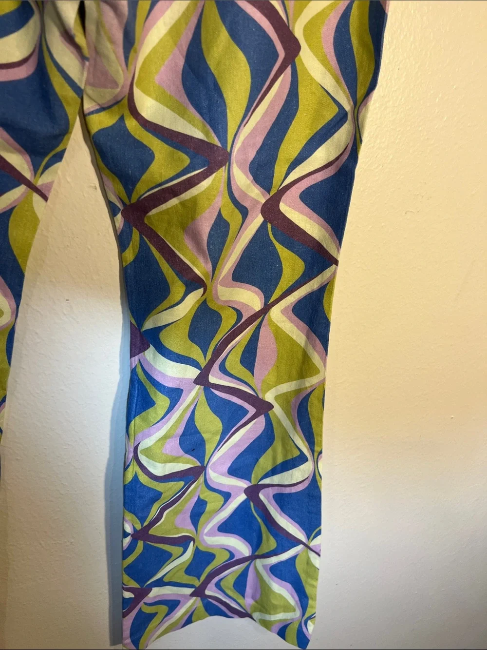 Zara Boot-Cut Groovy Retro Linen Pants in Blue, Green Lilac Geometric Print XL